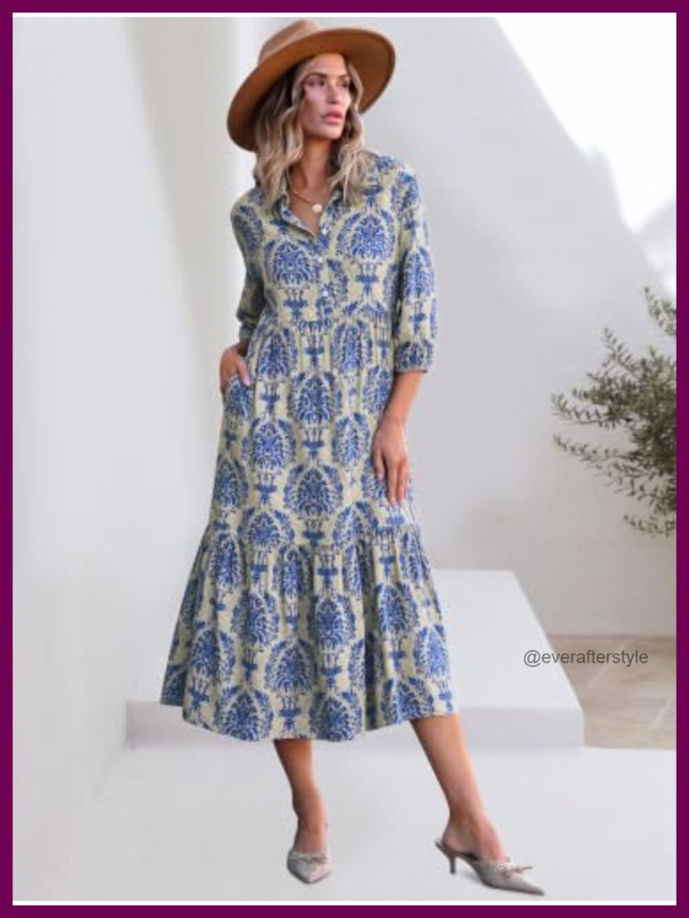 Women's Floral Maxi Dress 3/4 Puff Sleeve V-Neck 100% Rayon Boho - Picture 3 of 6